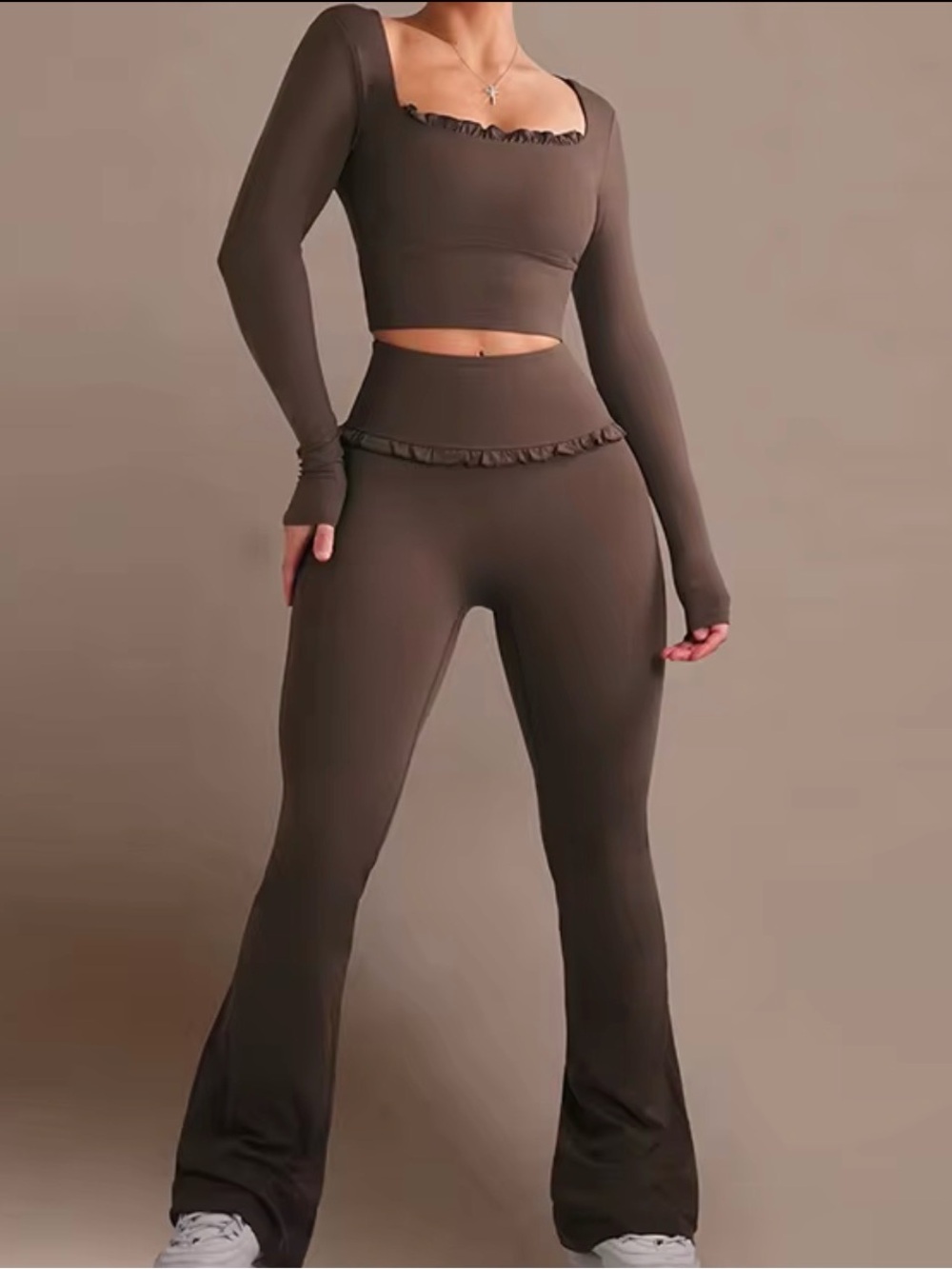 Ruffle-Trim High-Waist Flare Pants Set - Brown